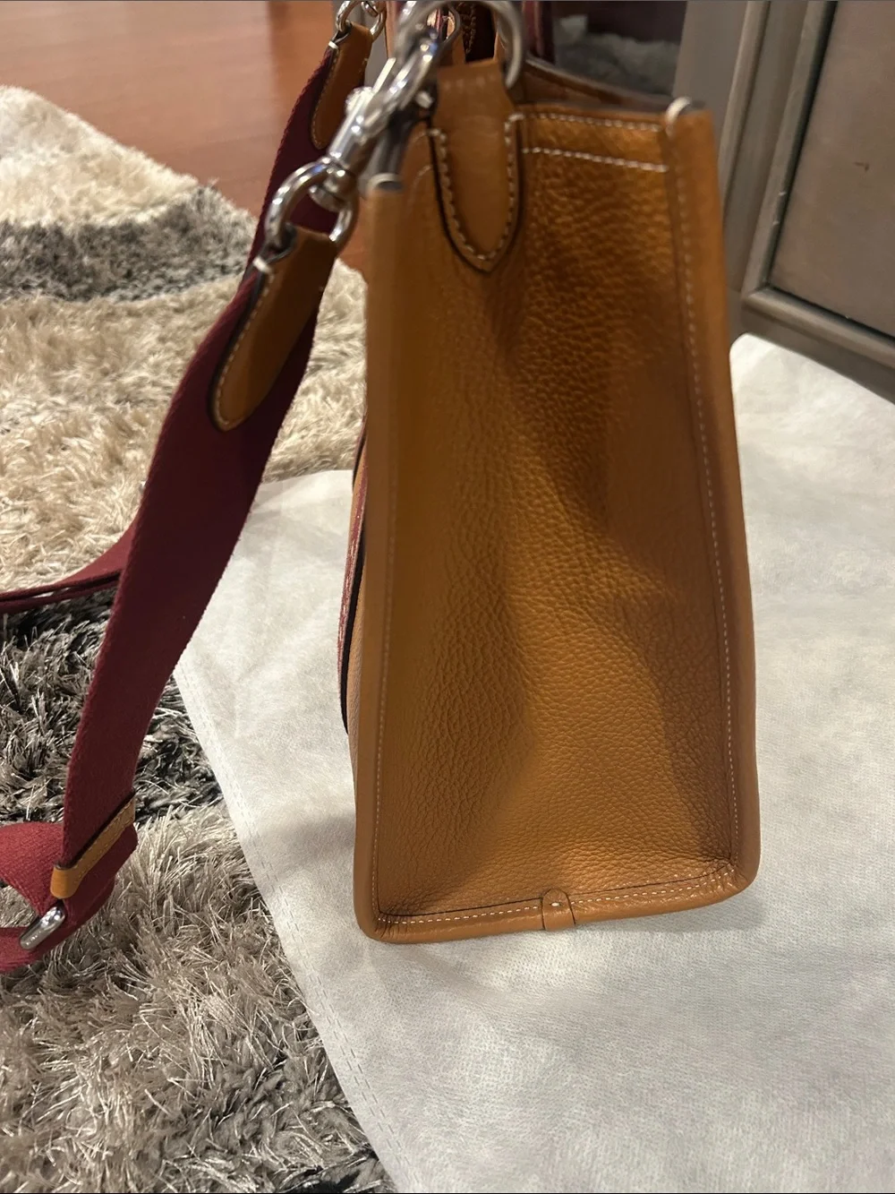COACH Amber Pebbled Leather Tote with Burgundy Logo Straps